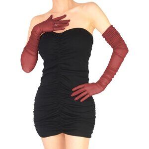 Women's Burgundy Sexy Tulle Sheer Mesh Long Gloves Opera Party Prom Costume